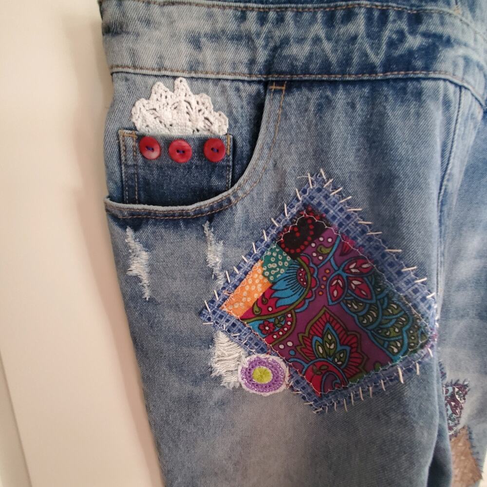 Refashioned Upcycled Patched and Distressed Boho‎ Overalls Handmade SzMed - Picture 9 of 13